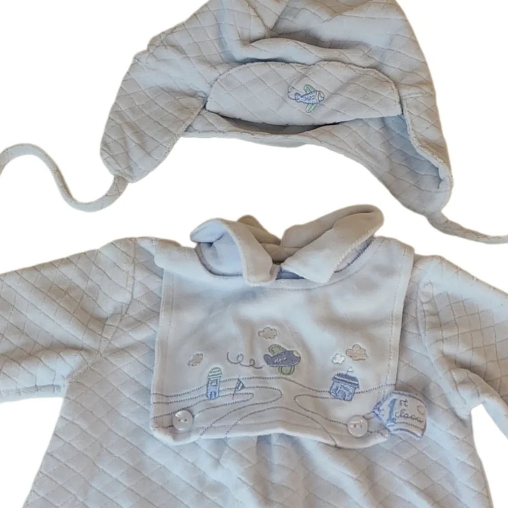 3 Months Baby 2 Piece Outfit Vintage Pastel Blue Plane Embroidered Fleece